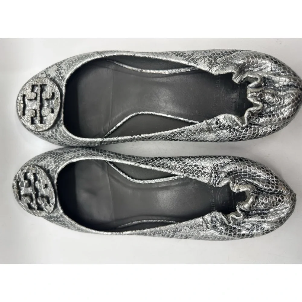 Tory Burch Reva Ballet Flats Silver Metallic Snake Embossed Leather Size 10M